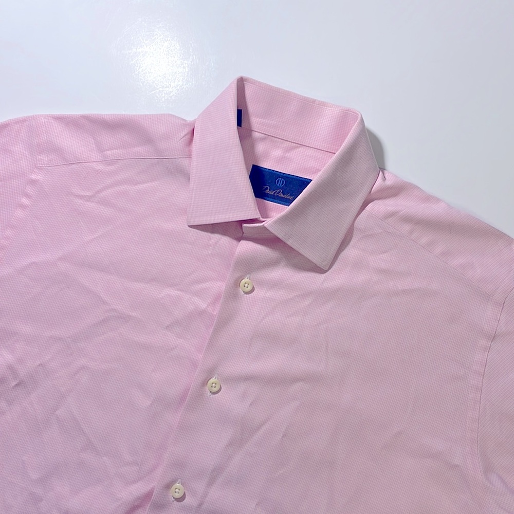 David Donahue mens 15.5 32/33 pink white micro print soft cotton dress shirt EUC